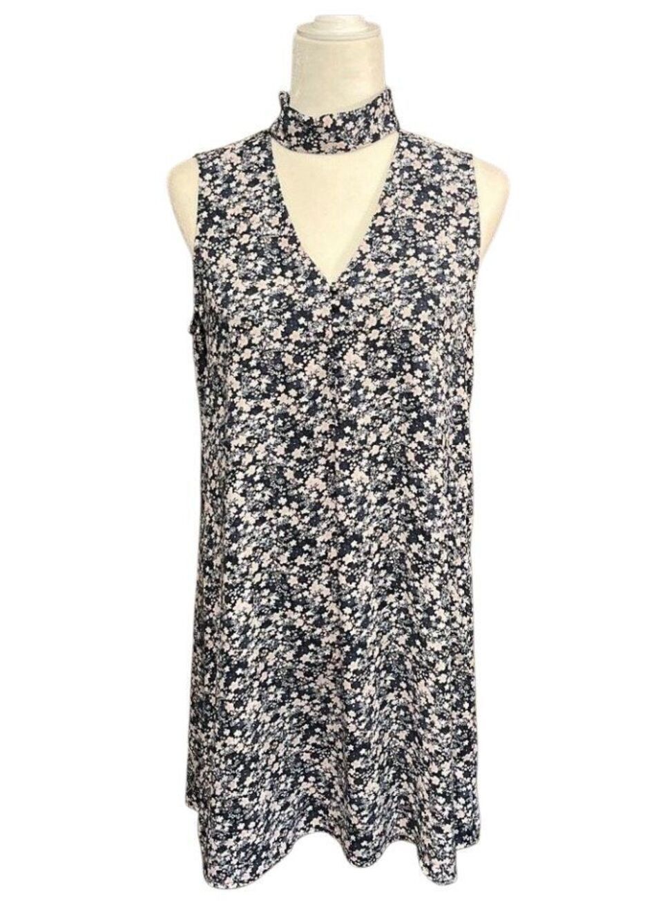 Dalia navy blue floral sleeveless sheath dress with choker neck - 4